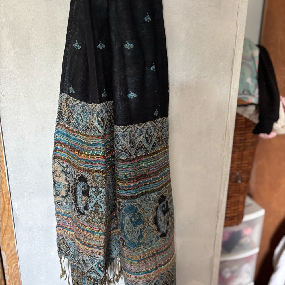 Bohemian Black and Multicolor Patterned Scarf Pashmina and Silk blend